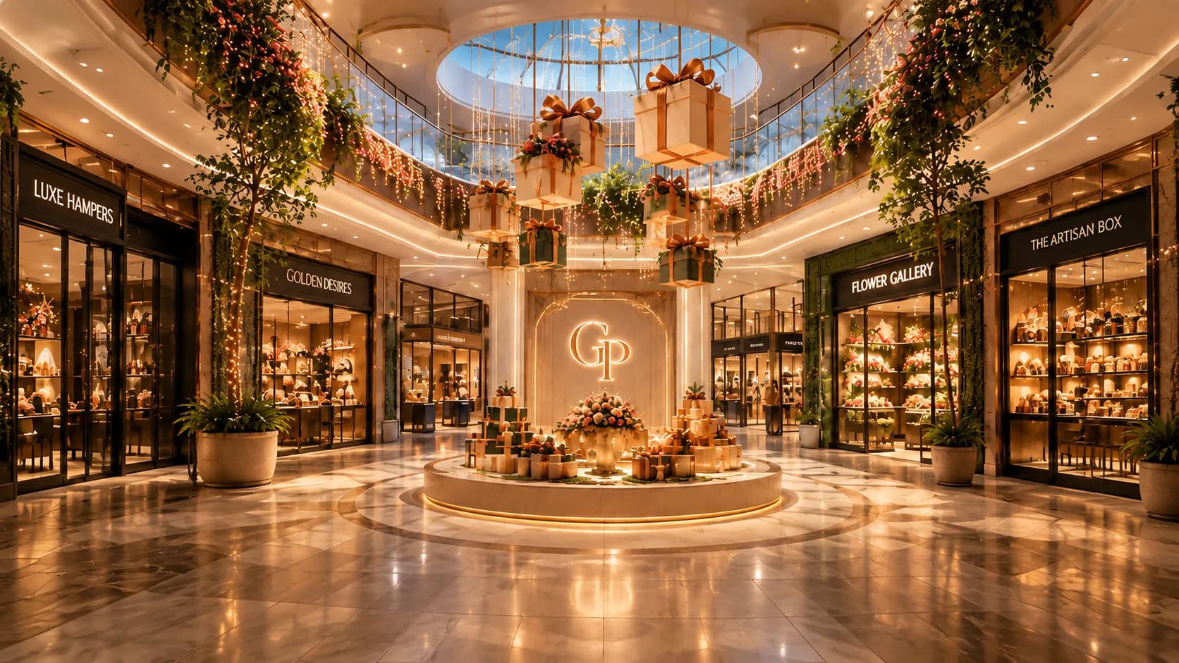 A warmly lit gifting mall atrium with hanging gift boxes