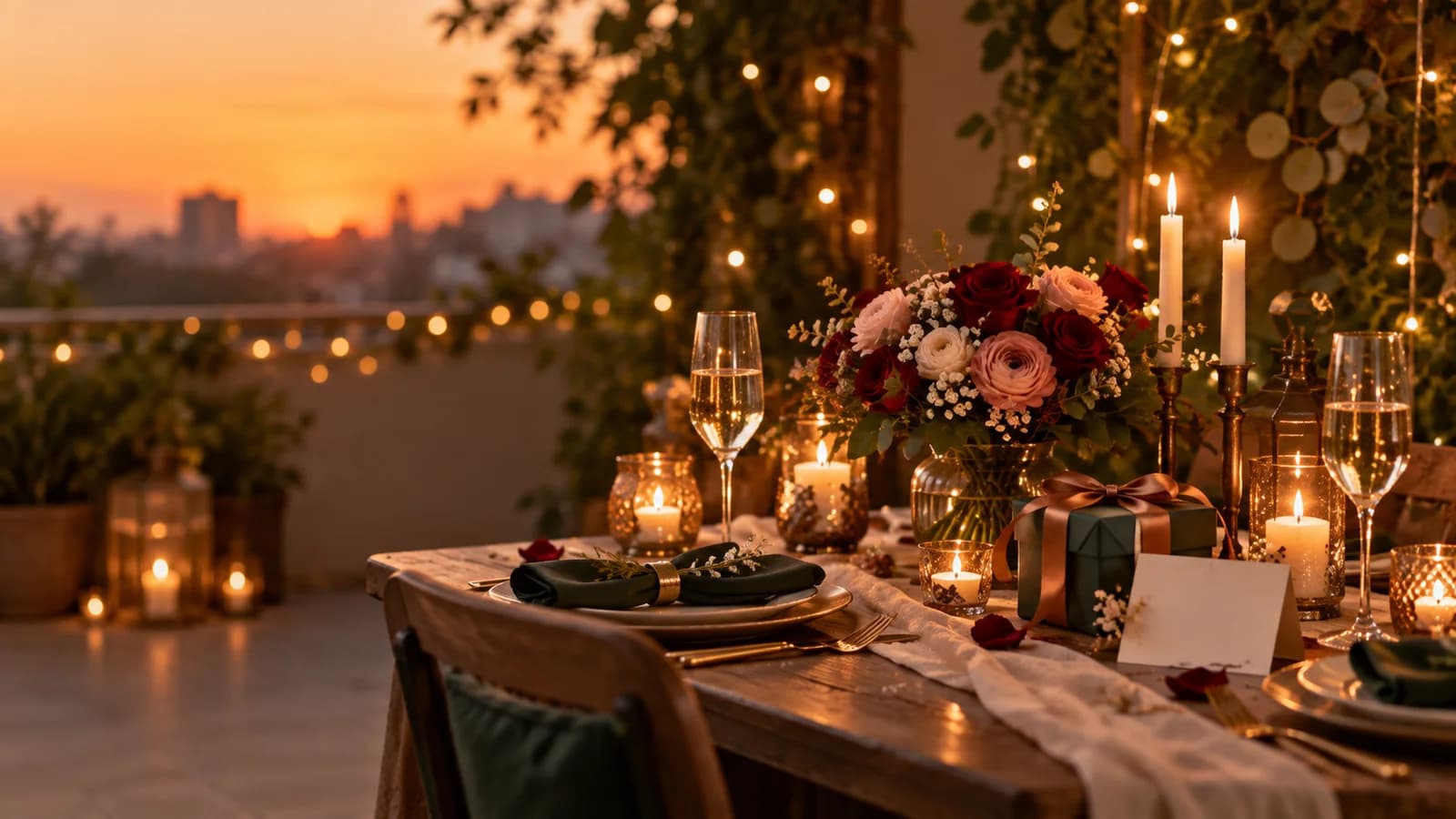 A candlelit anniversary table with roses and a wrapped gift