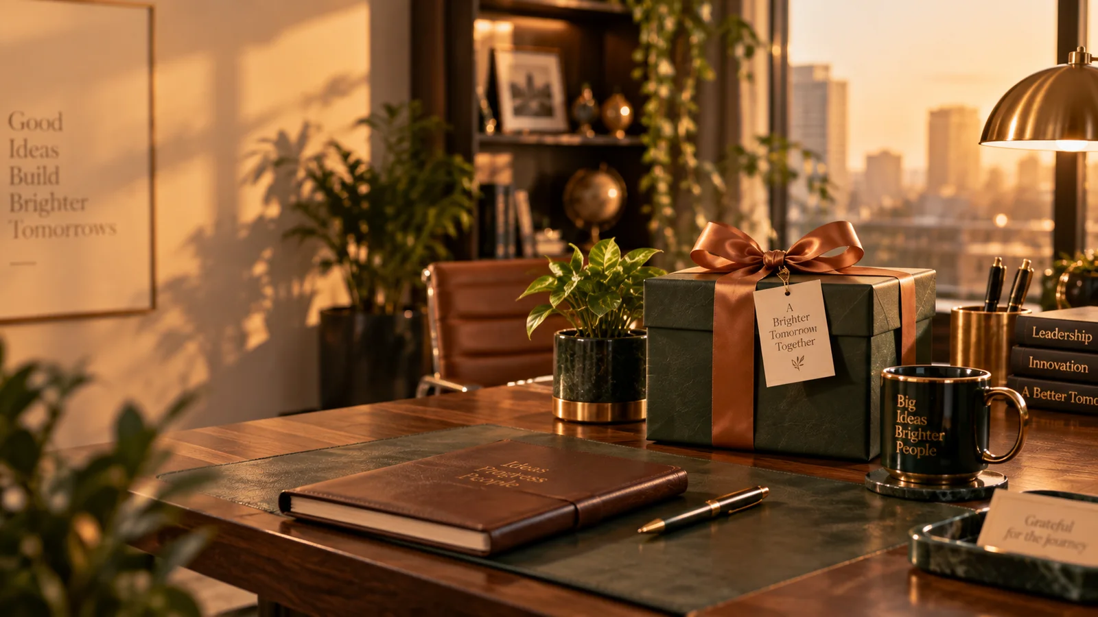 A desk with a green gift box, leather notebook and brass pen