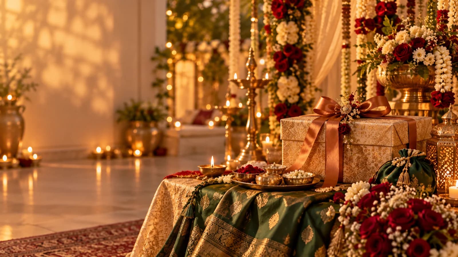 A wedding gift box tied with copper ribbon on a green silk drape